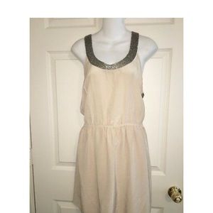RORY BECA Grecian Gunmetal Beaded On Beige Nude Silk Mini Dress M